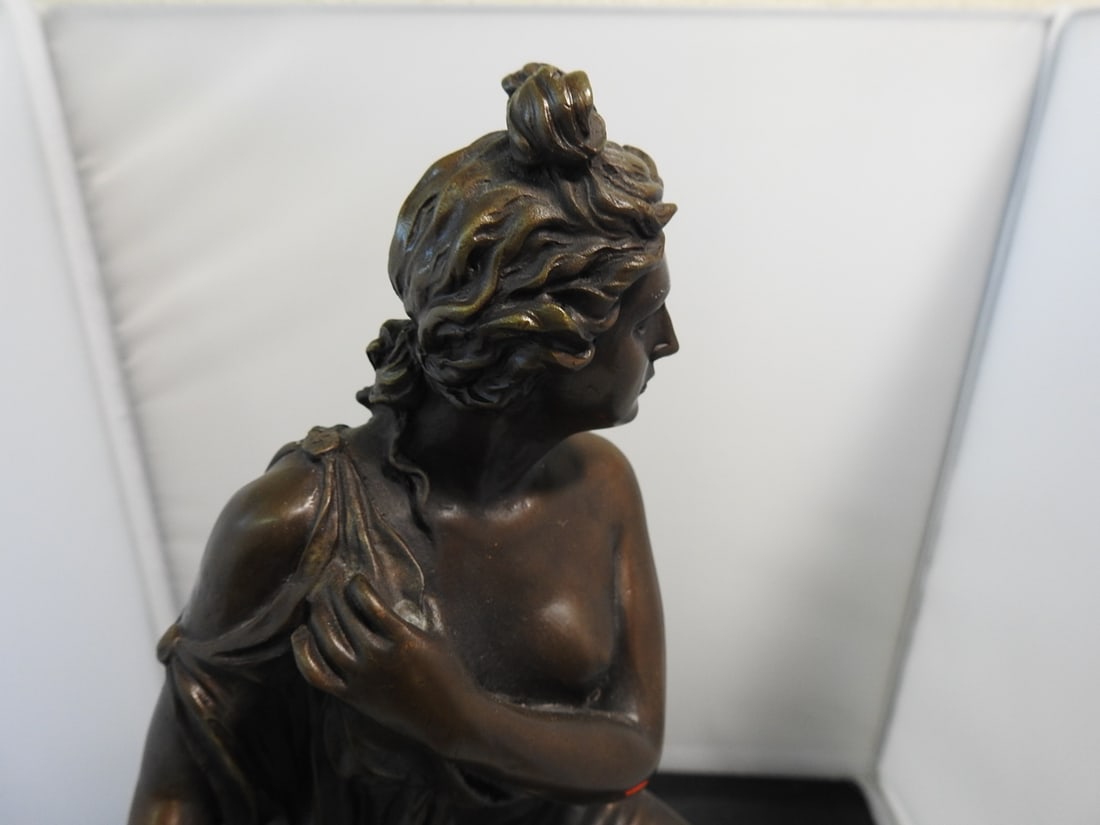 Bronze Seated Lady Statue on Black Marble Base - 6