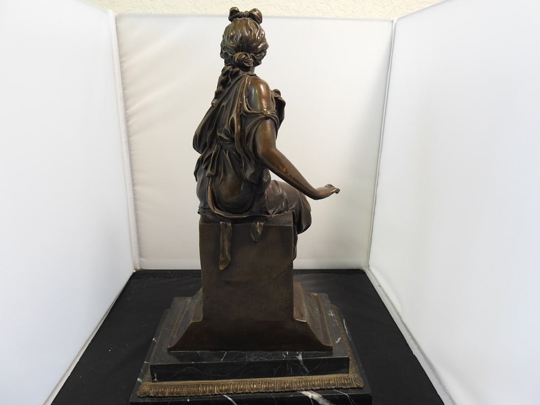 Bronze Seated Lady Statue on Black Marble Base - 7