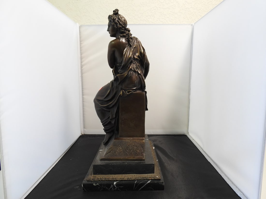Bronze Seated Lady Statue on Black Marble Base - 9