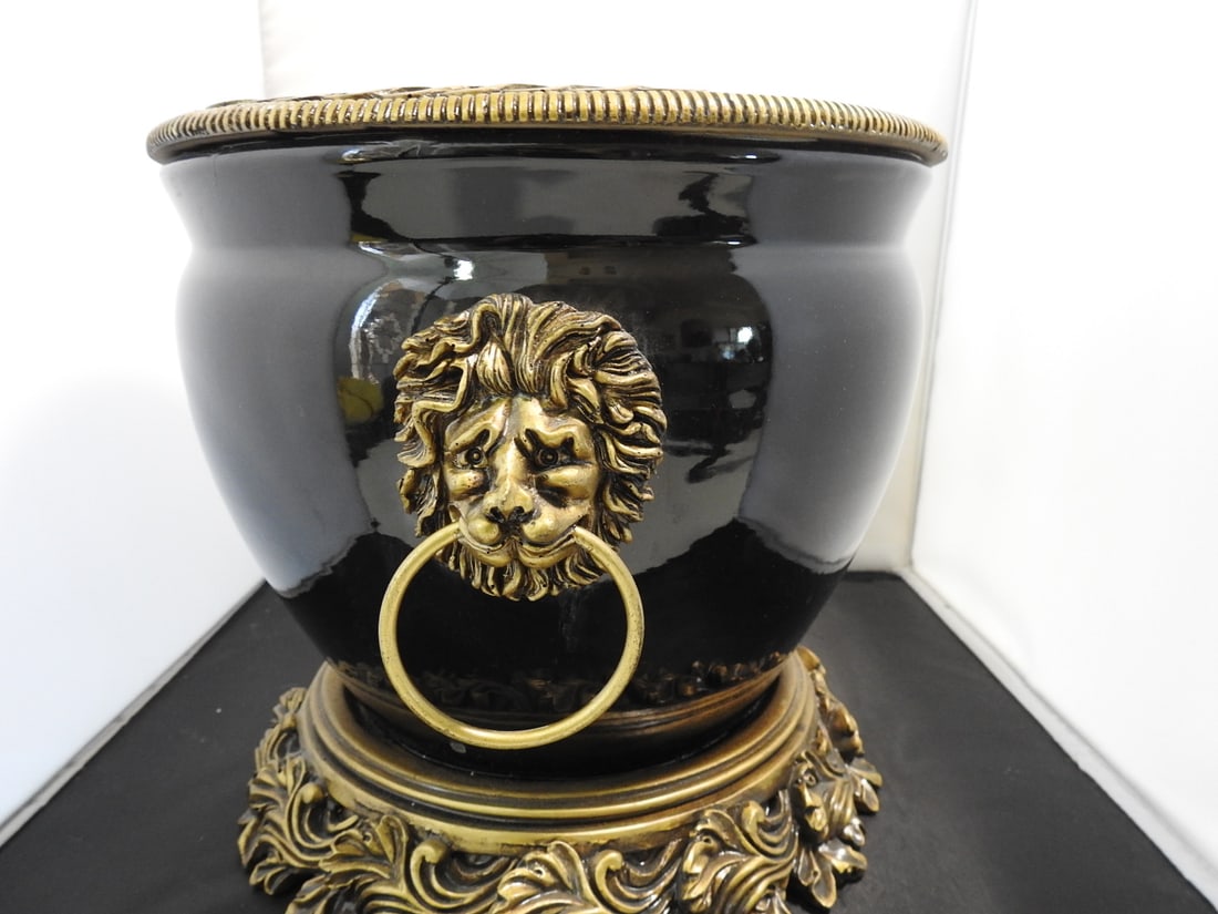 French Empire Style Black Flower Pot with Lion Heads - 2