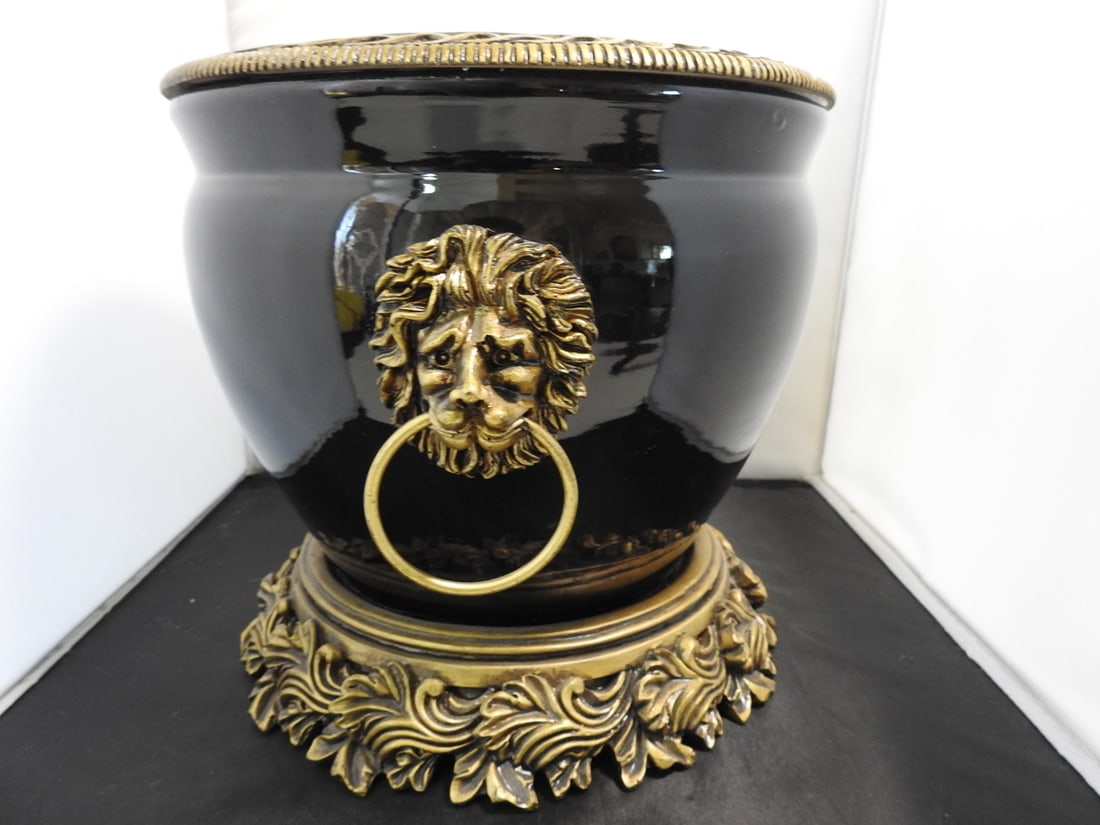 French Empire Style Black Flower Pot with Lion Heads - 3