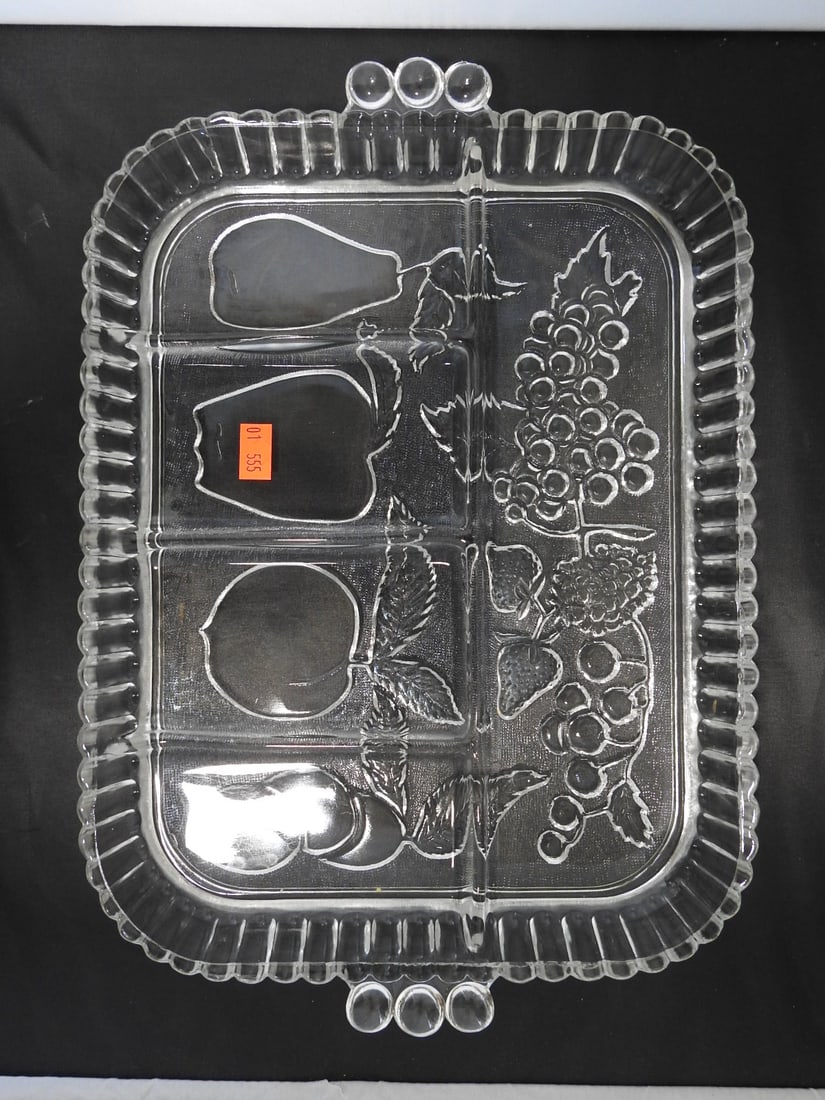 Pressed Glass Fruit Serving Tray: Pressed glass rectangular fruit serving tray with grape and fruit motif and handled ends. Approx. 2.5 x 14 x 10 in.