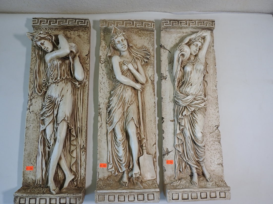 Design Toscano Water Maidens Wall Friezes Set of 3: Set of three Design Toscano Water Maidens wall friezes crafted from designer resin to resemble antique stone. Approx. 24 x 12 x 9.5 in.