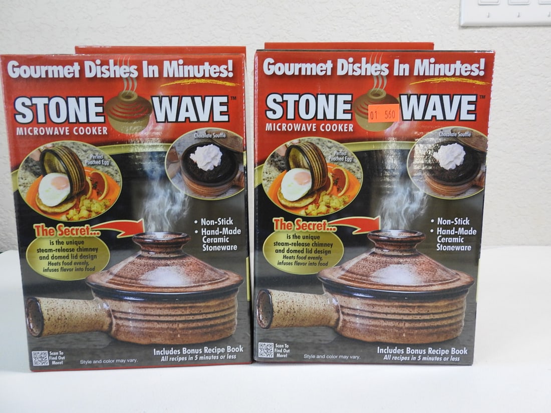 Lot of Two Stone Wave Microwave Cooker Sets: Lot of two Stone Wave microwave cooker sets by Telebrands, As Seen on TV, new in box. Approx. 11 x 7 x 9.5 in.