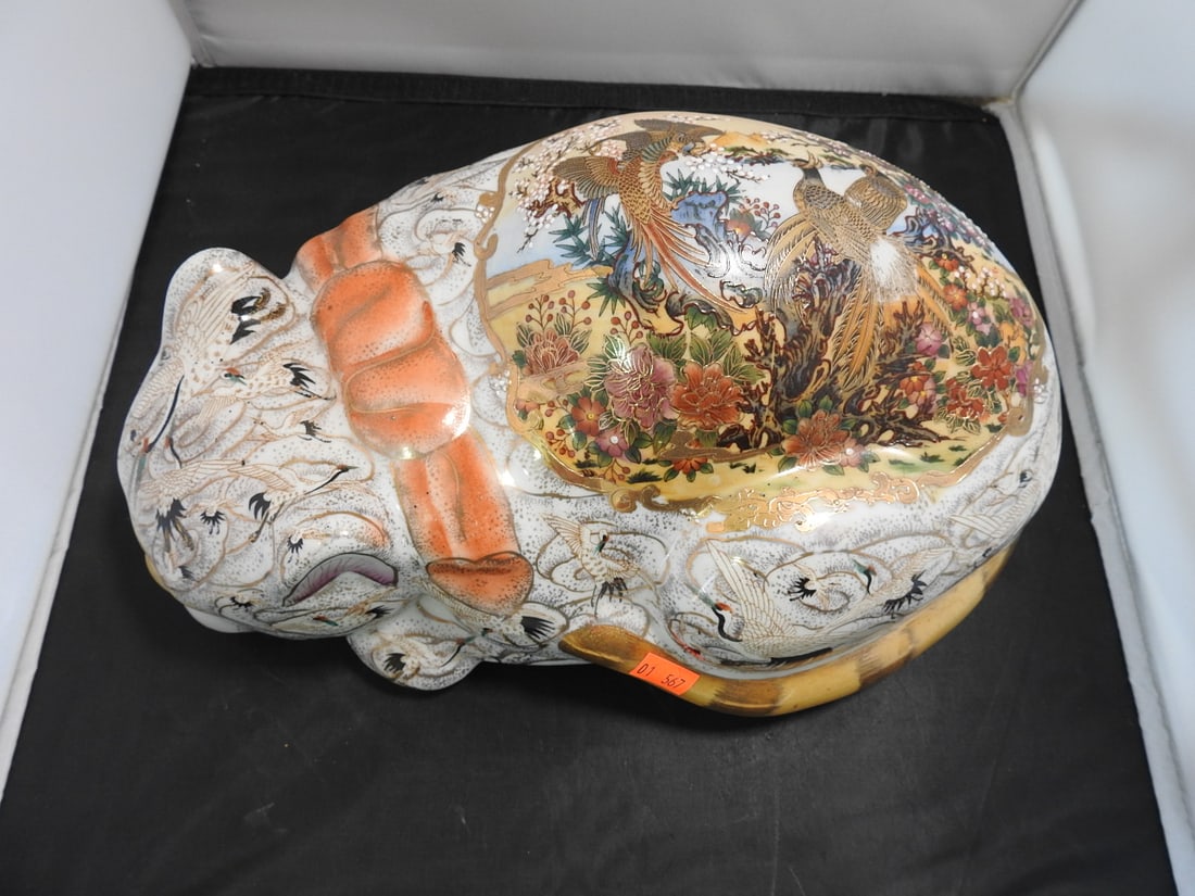 Large Vintage Hand-Painted Satsuma Style Cat-Form Porcelain Bowl: Large vintage hand-painted Satsuma style porcelain cat-form bowl with floral and bird decoration, raised cat-head and paw details, and gold-painted accents. Approx. 7 x 14 x 9 in.