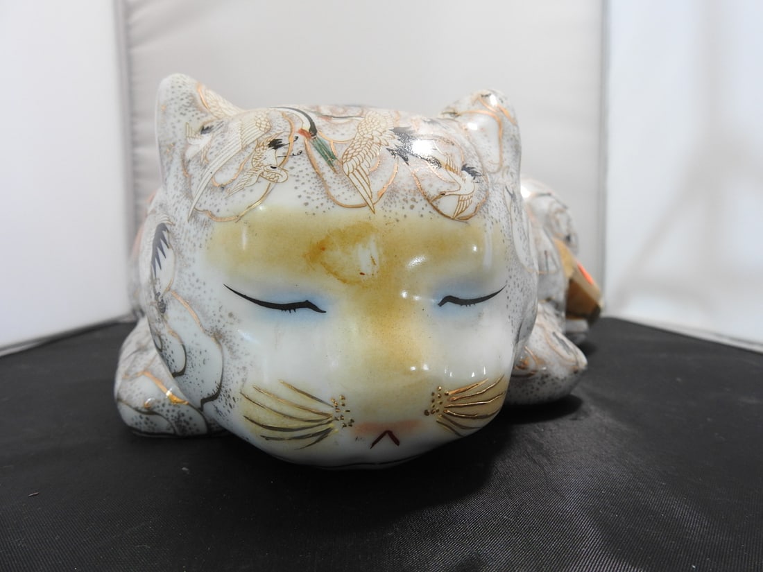 Large Vintage Hand-Painted Satsuma Style Cat-Form Porcelain Bowl - 5