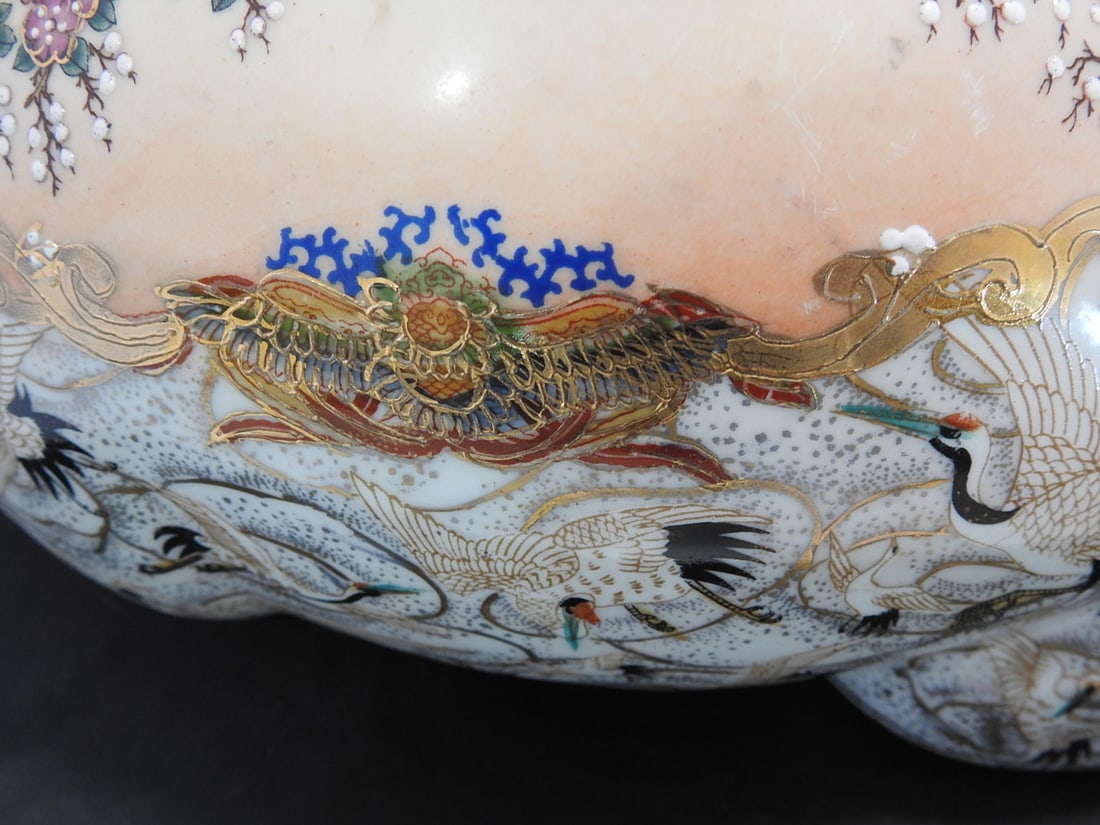 Large Vintage Hand-Painted Satsuma Style Cat-Form Porcelain Bowl - 6