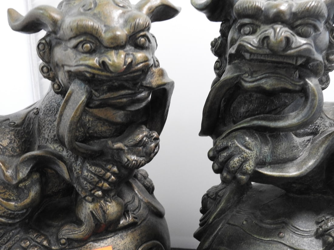 Pair of Faux Bronze Chinese Foo Dog Guardian Lion Figures - 2