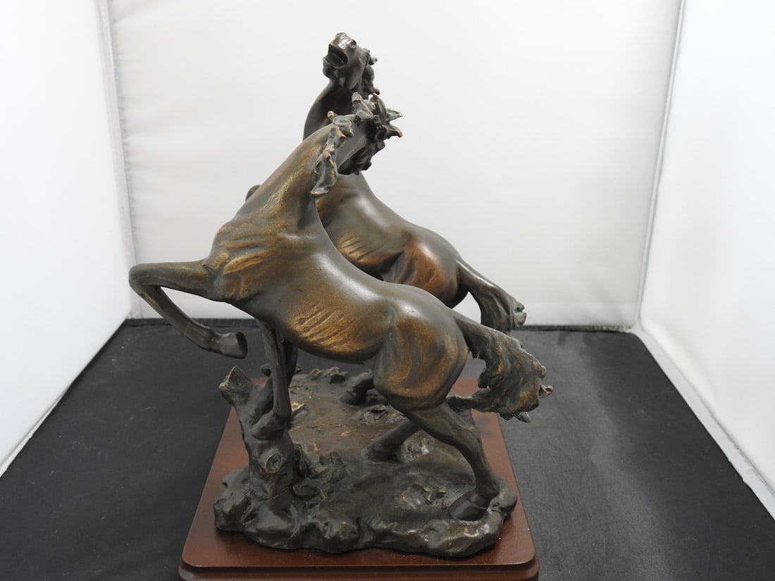 Faux Bronze Challenging Stallions Sculpture on Wood Base - 7