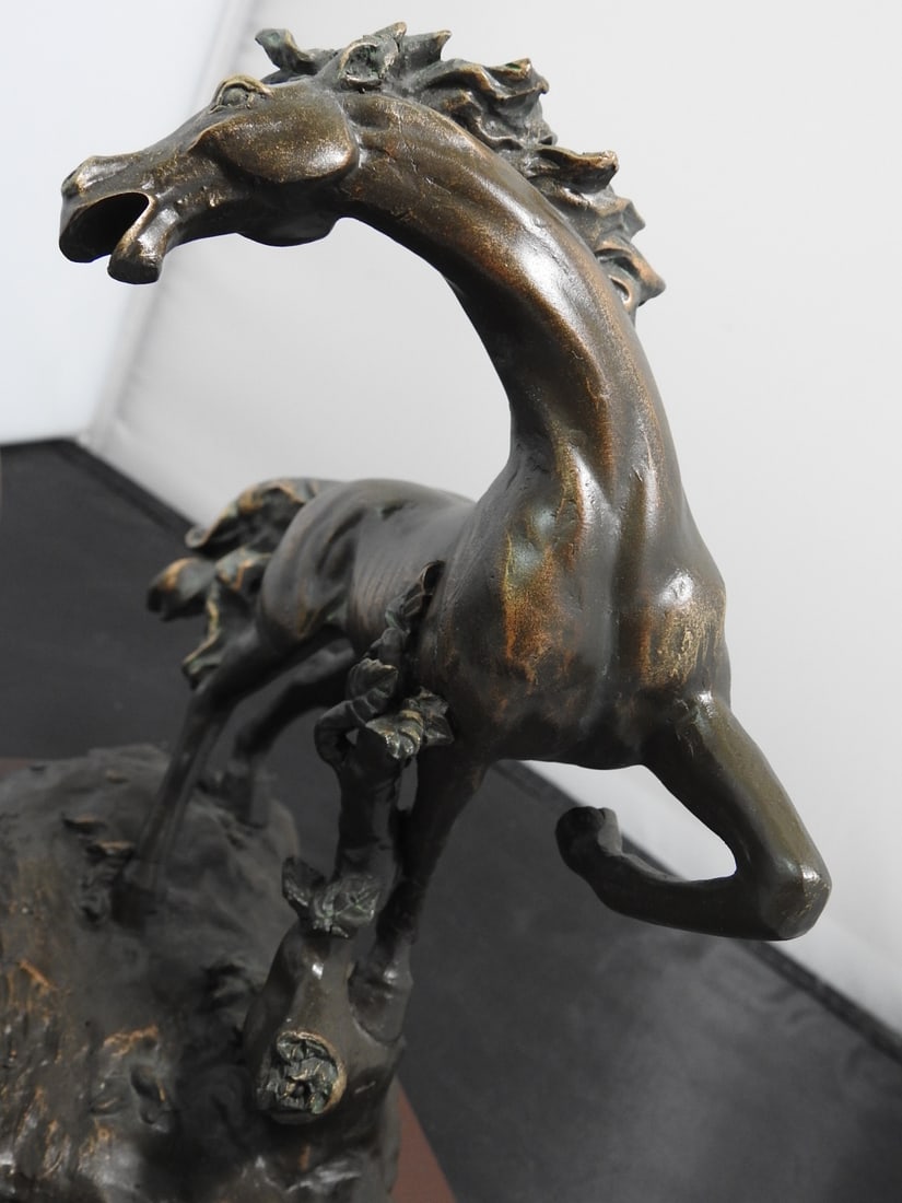 Faux Bronze Challenging Stallions Sculpture on Wood Base - 8