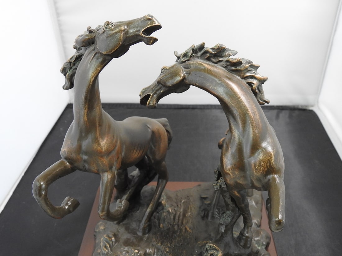 Faux Bronze Challenging Stallions Sculpture on Wood Base - 9