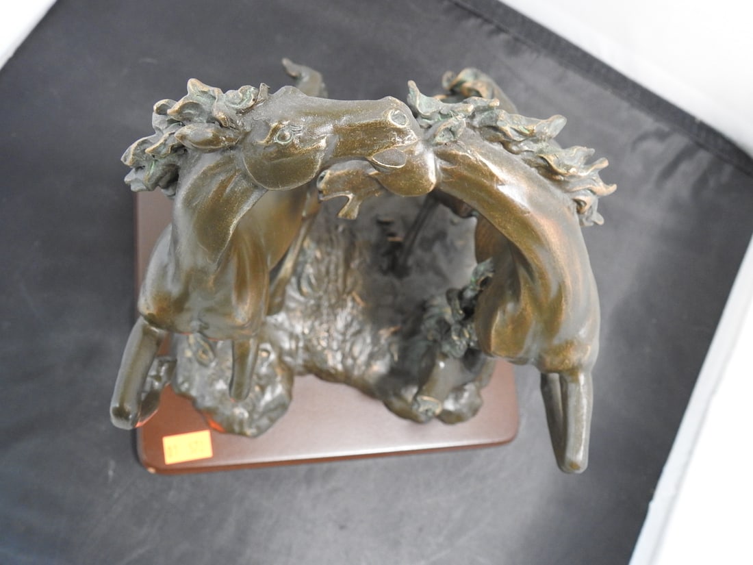Faux Bronze Challenging Stallions Sculpture on Wood Base - 2