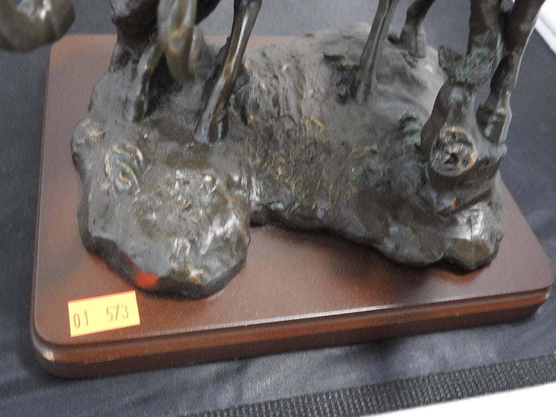 Faux Bronze Challenging Stallions Sculpture on Wood Base - 3