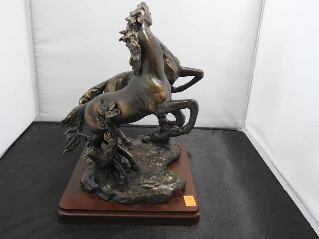 Faux Bronze Challenging Stallions Sculpture on Wood Base - 4