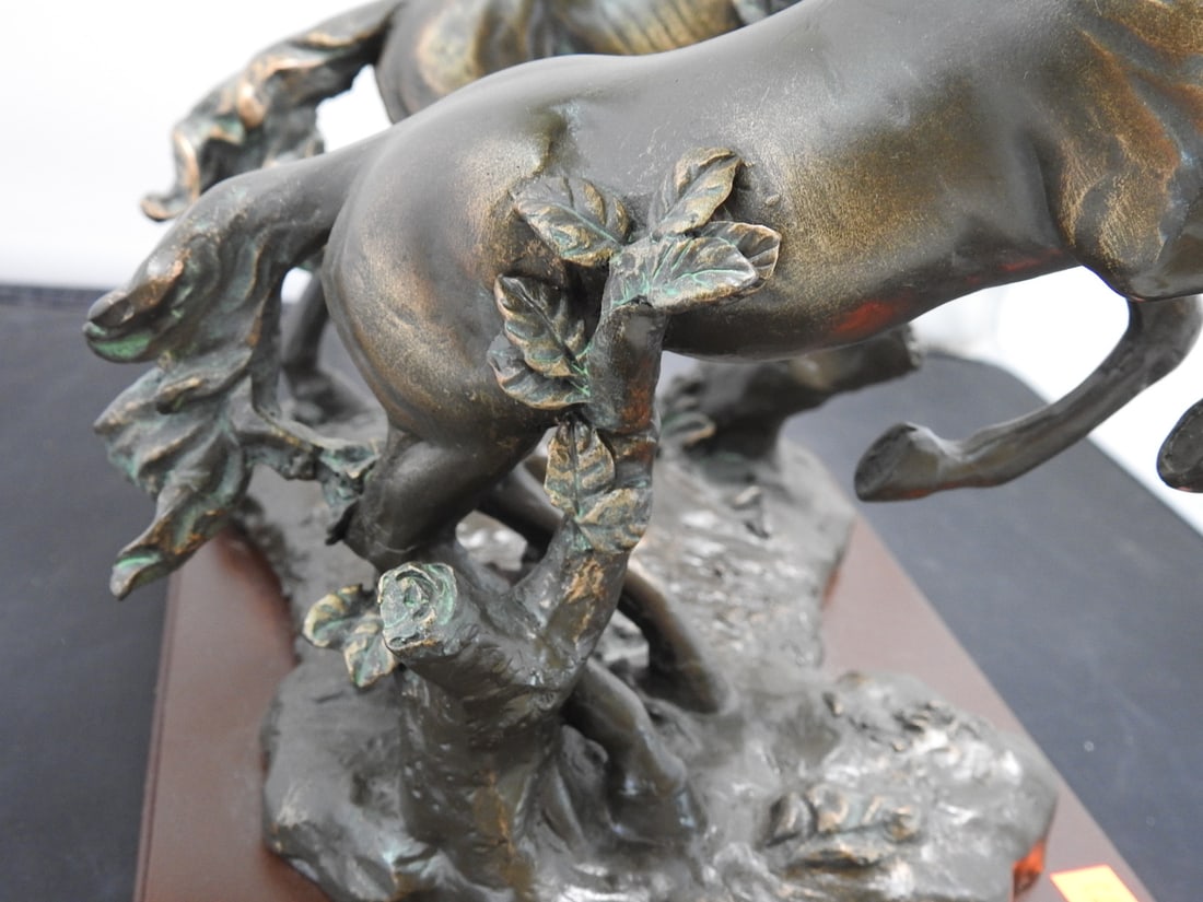 Faux Bronze Challenging Stallions Sculpture on Wood Base - 5