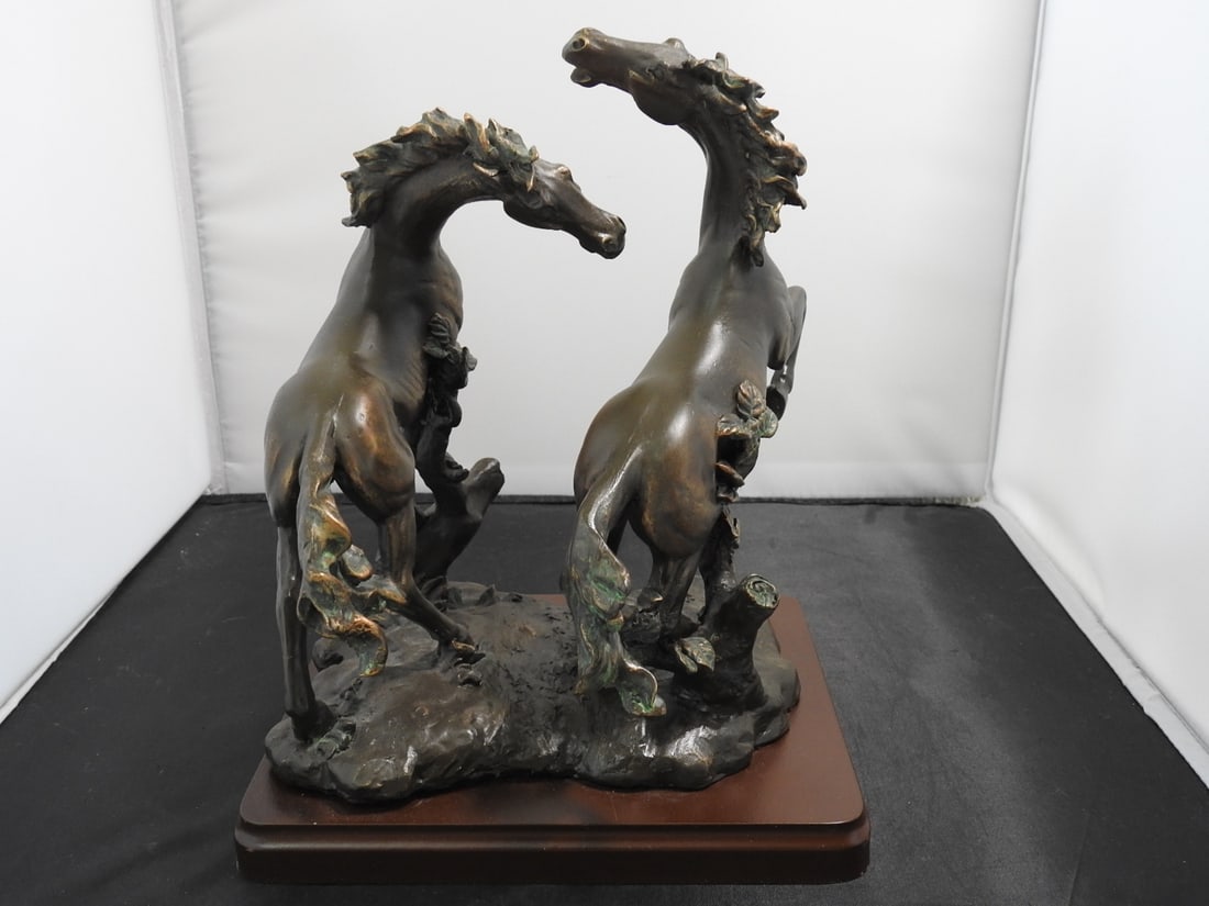 Faux Bronze Challenging Stallions Sculpture on Wood Base - 6