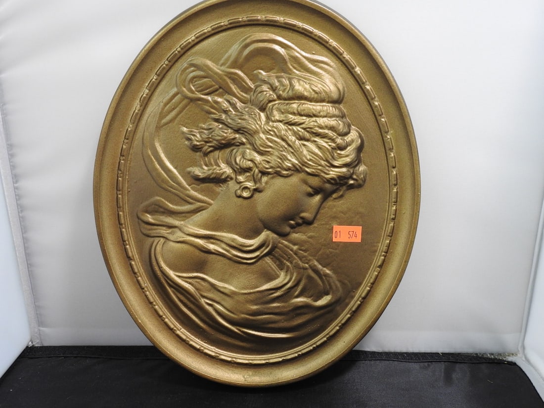 Victorian Style Lady Cameo Wall Plaque: Vintage Victorian style lady cameo wall plaque in bronze-painted plaster with raised figural profile and decorative oval form. Approx. 1.5 x 12 x 10 in.