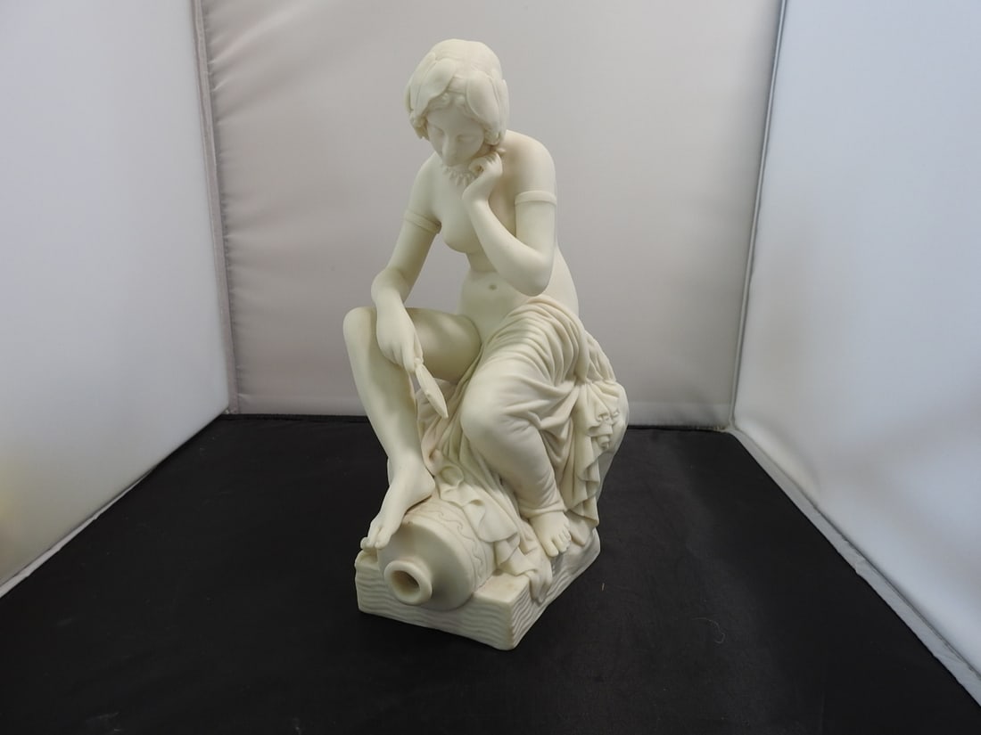 Copeland River Allegory / Ondine Bisque Porcelain Figure: Copeland bisque porcelain figural sculpture titled River Allegory or Ondine, depicting a seated classical female figure with shell and water motif. Approx. 10 x 5.5 x 7 in.