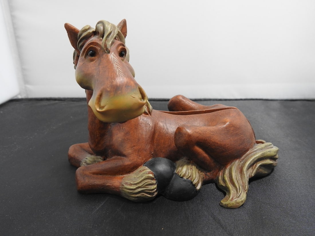 Horse Figural Letter Holder: Horse figural letter holder made in China, featuring a reclining horse form with letter slot. Approx. 4.5 x 6 x 4.25 in.