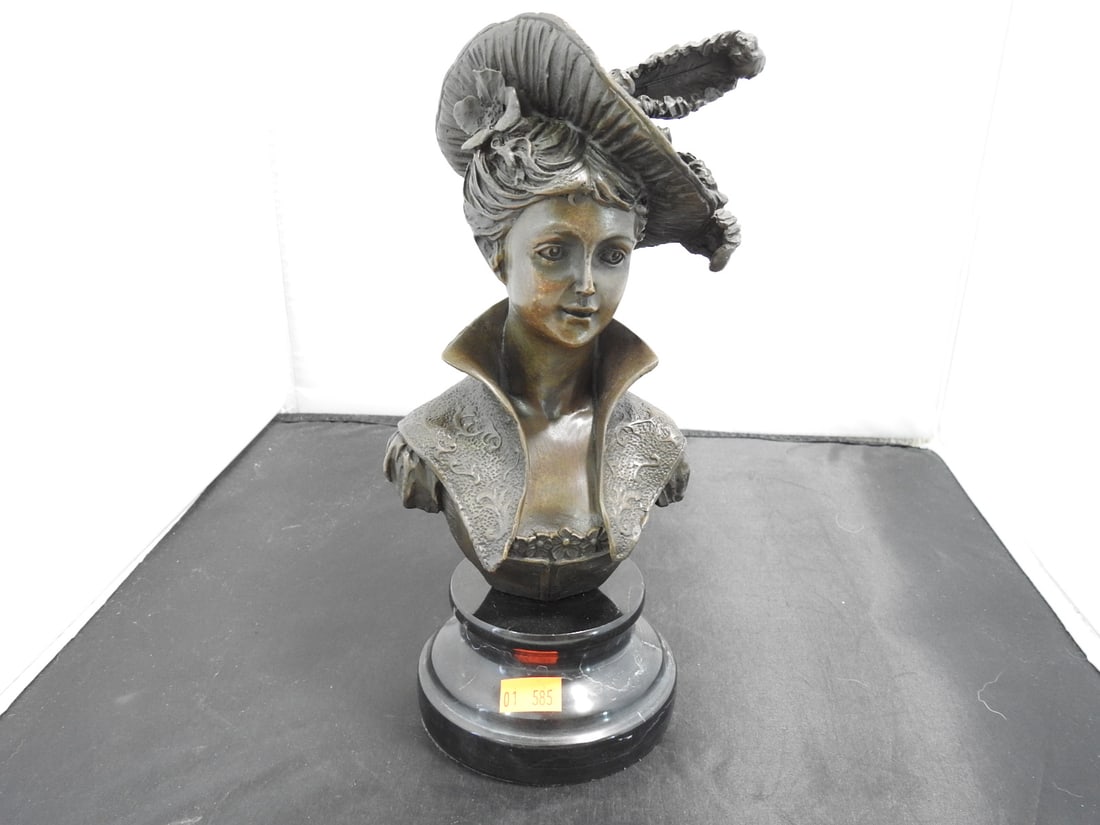 European Bronze Finery Victorian Woman in Plumed Hat Bronze Statue: Elegant Victorian woman / girl in plumed hat bronze statue by European Bronze Finery, signed Milo, mounted on a black base. Approx. 9.5 x 5.5 x 4.75 in.