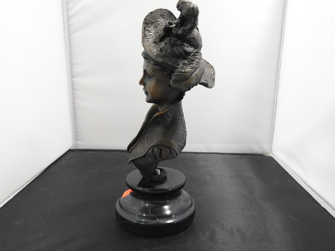 European Bronze Finery Victorian Woman in Plumed Hat Bronze Statue - 4