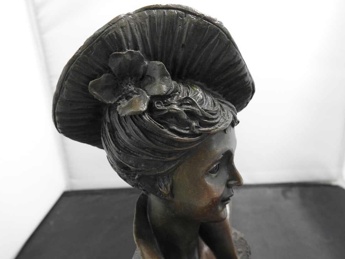 European Bronze Finery Victorian Woman in Plumed Hat Bronze Statue - 5