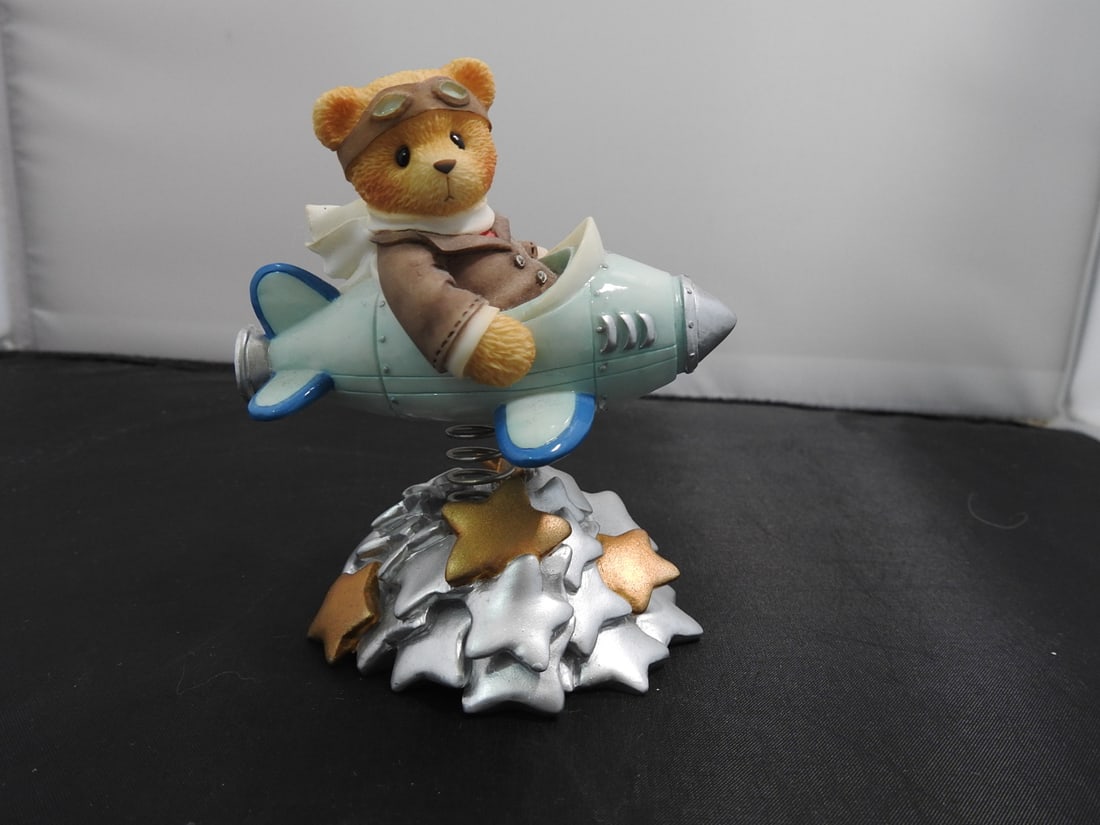 Cherished Teddies Wishing for a Future Figurine by Enesco: Cherished Teddies figurine by Priscilla Hillman for Enesco, copyright 1999, titled/inscribed Wishing for a future as bright as the stars, serial 9C8/404. Back section has broken off as shown. Approx.