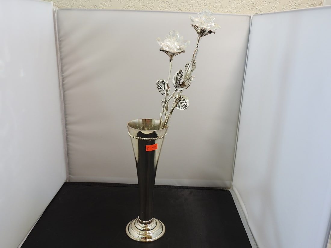 Godinger Crystal Roses in Silver-Tone Vase: Godinger decorative crystal roses in a silver-tone vase, featuring two stemmed crystal rose blooms and polished metal-look base. Approx. 15 x 4 x 4 in.