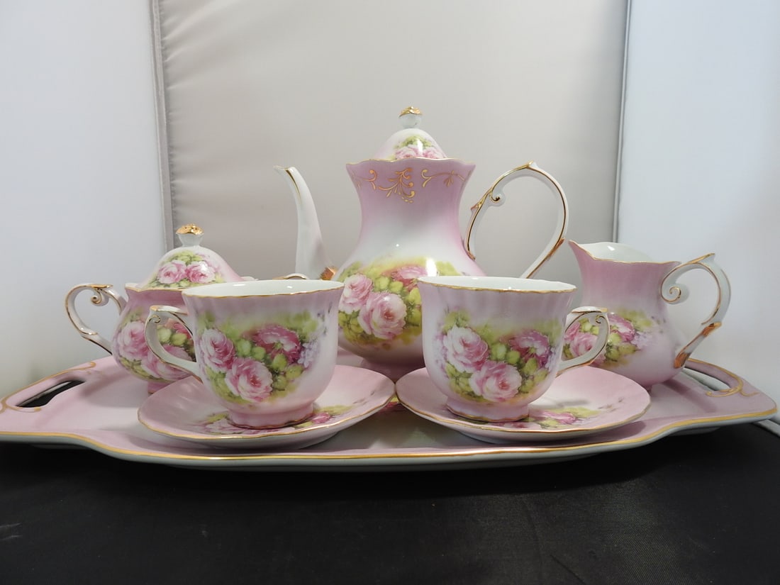 Victoria's Garden Cottagecore Victorian Porcelain Tea Set: Victoria's Garden cottagecore Victorian style porcelain tea set, airbrushed and hand-painted style, made in China. Eight-piece set including lids/covers. Measured as a set. Approx. 8 x 18 x 9.5 in.