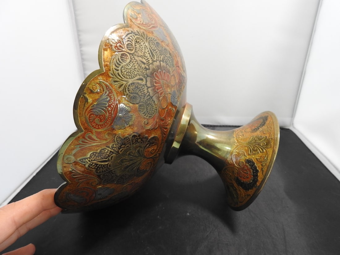 Cloisonne Enamel and Brass Scalloped Fruit Bowl - 6