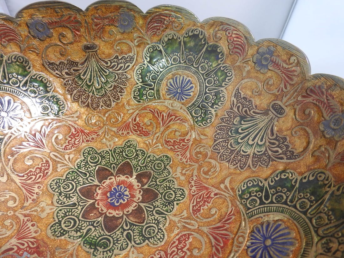 Cloisonne Enamel and Brass Scalloped Fruit Bowl - 7