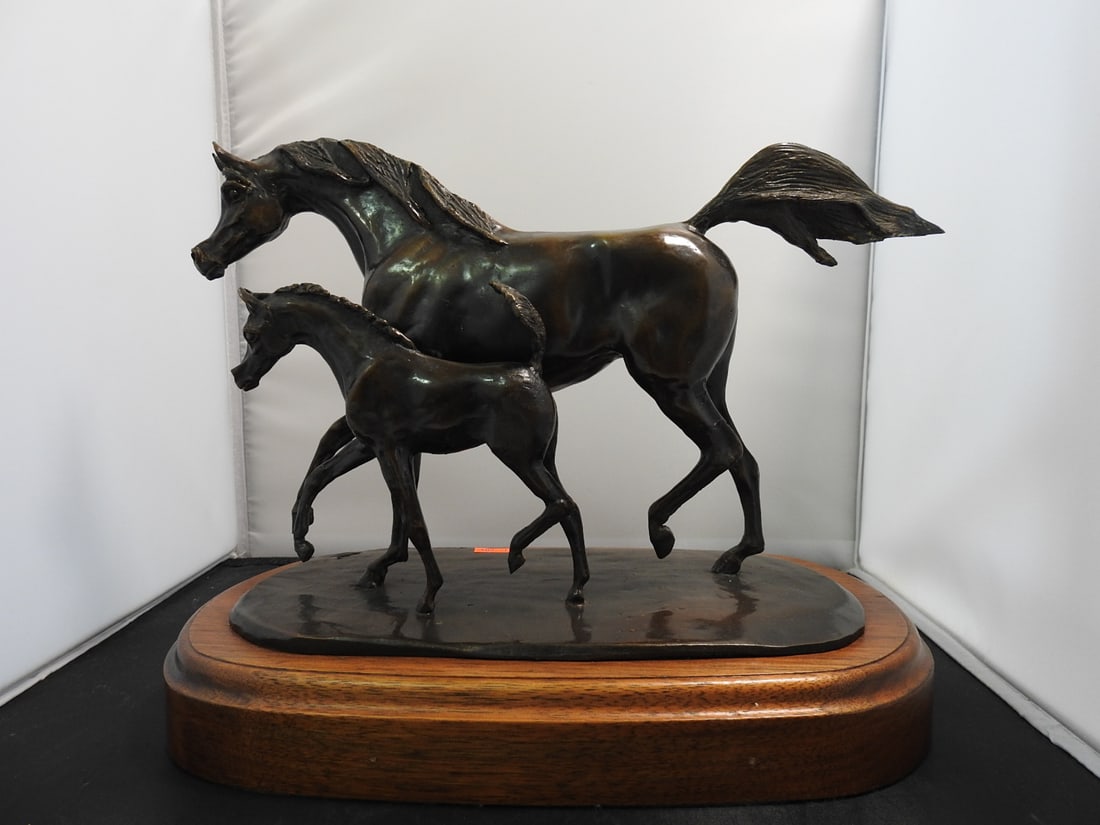 Jill M. Kinney Bronze Mare and Foal Statue on Wood Base - 2