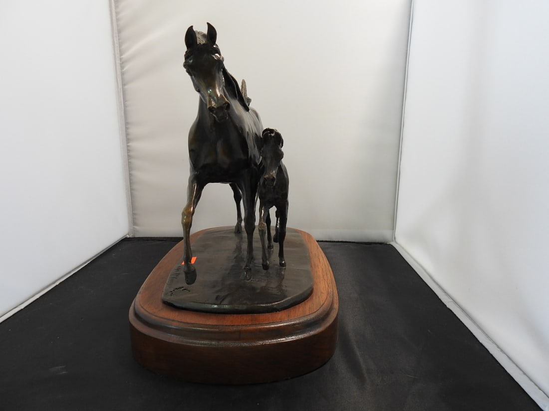 Jill M. Kinney Bronze Mare and Foal Statue on Wood Base - 3
