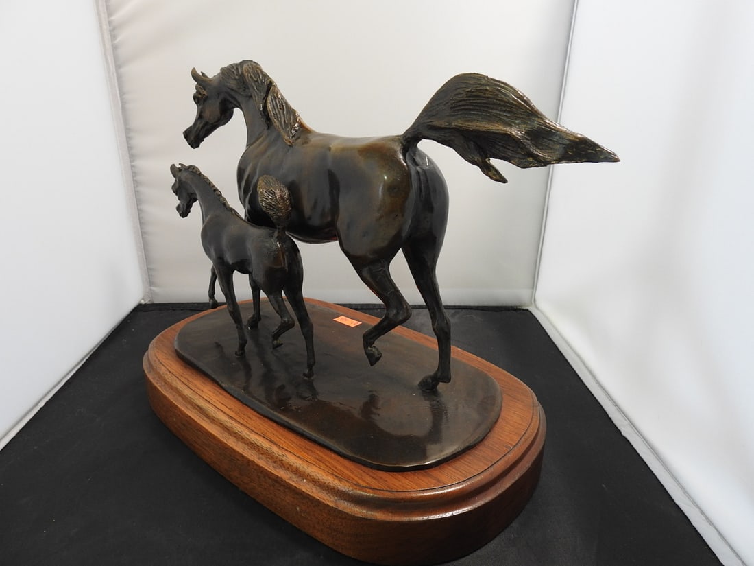 Jill M. Kinney Bronze Mare and Foal Statue on Wood Base - 4