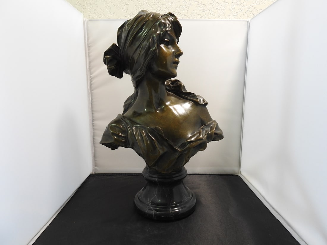 Cinderella Hollow Cast Bronze Bust on Marble Base: Cinderella hollow cast bronze bust after Emmanuel Vellani/Villanis style, mounted on a black marble pedestal base. Approx. 15.25 x 10 x 6 in.