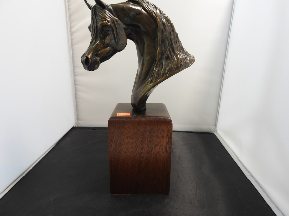 D. Moss 1980 Brass Horse Bust on Wood Base: Horse bust marked D. Moss, 1980, in brass-tone metal, mounted on a wooden base. Approx. 12 x 7 x 4 in.