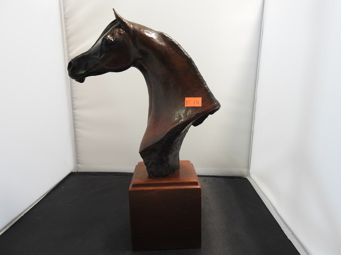 J. Moelles 1988 Bronze Horse Bust on Wood Base: Horse bust signed J. Moelles, 1988, in bronze, mounted on a wooden base. Approx. 12 x 7 x 4 in.