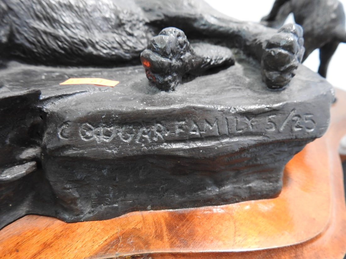 Limited Edition Cougar Family Bronze Sculpture on Wood Base - 2