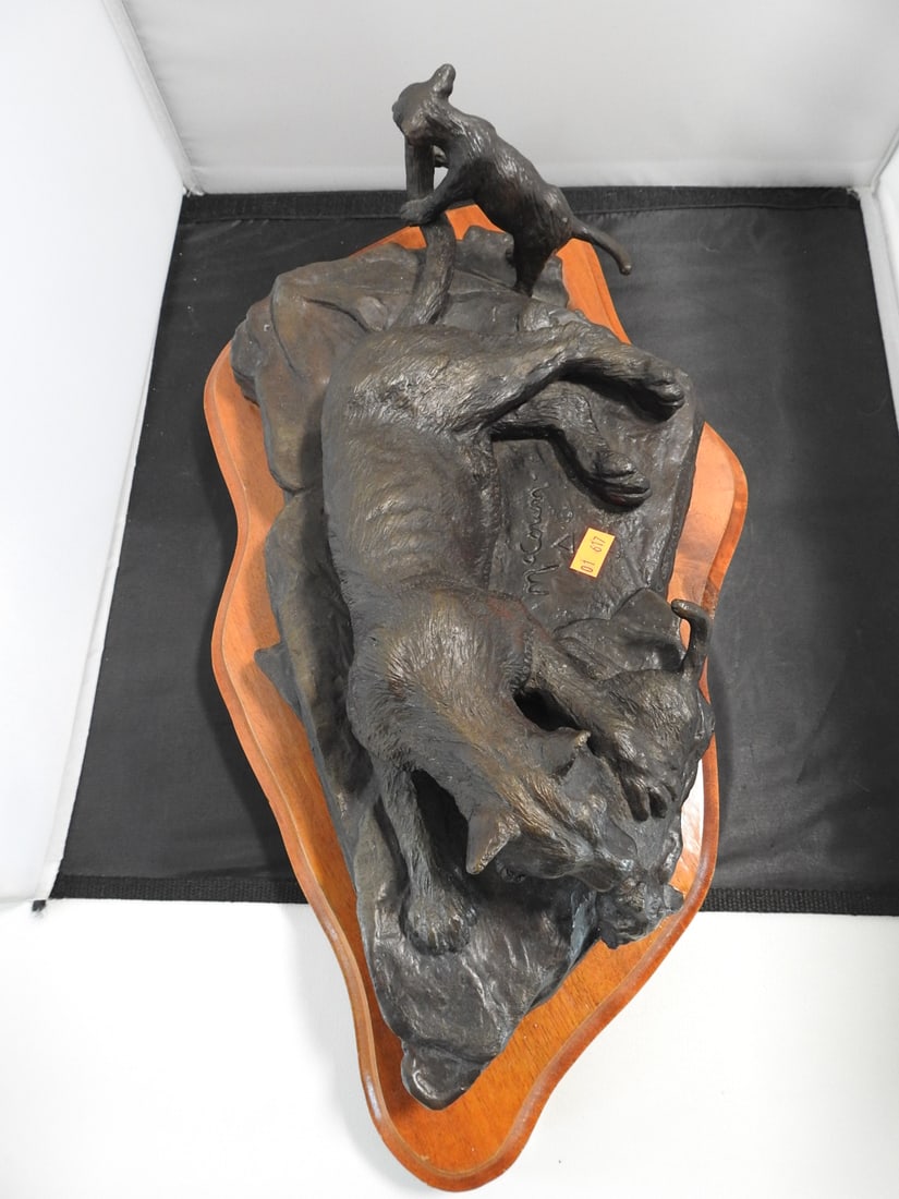 Limited Edition Cougar Family Bronze Sculpture on Wood Base - 5