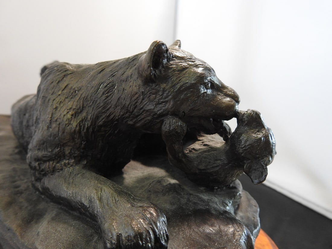 Limited Edition Cougar Family Bronze Sculpture on Wood Base - 6
