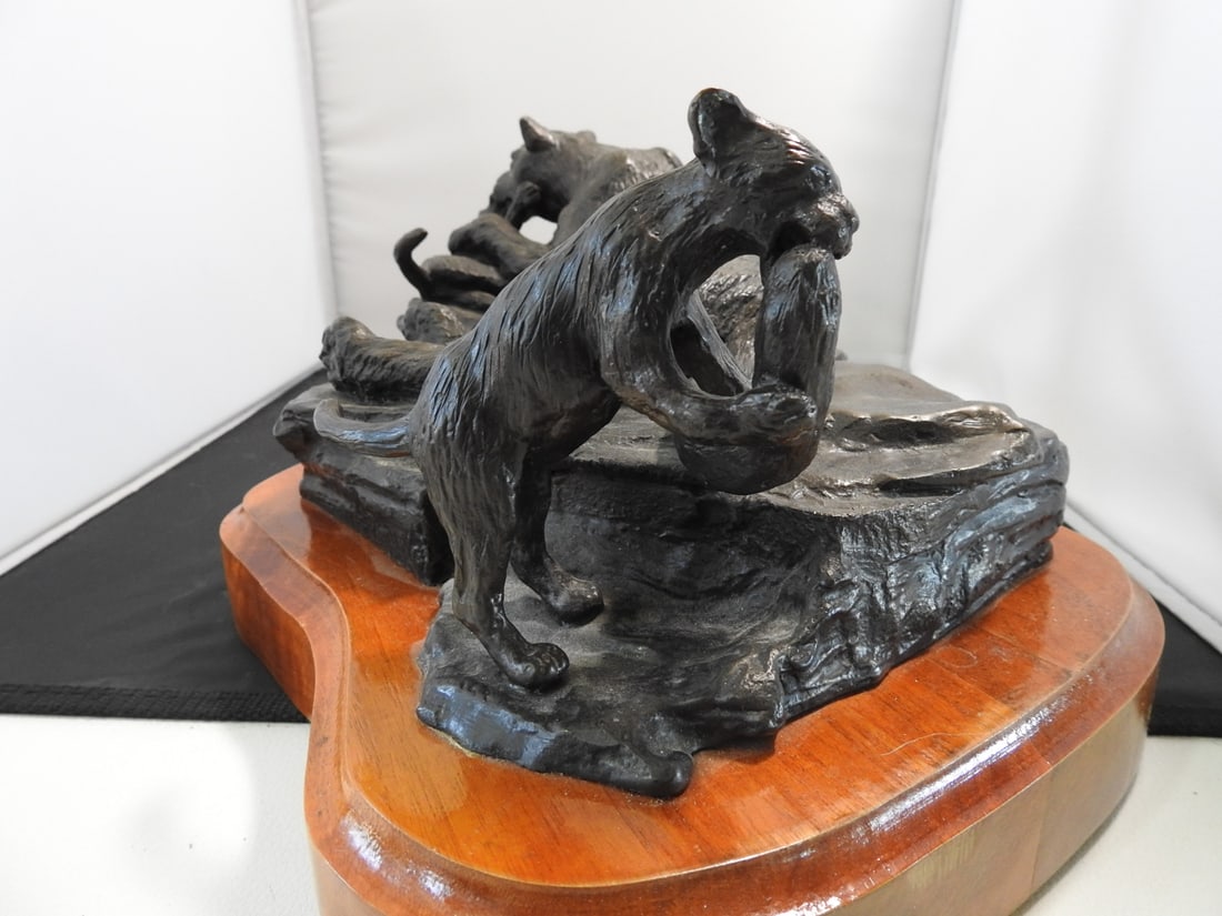 Limited Edition Cougar Family Bronze Sculpture on Wood Base - 8