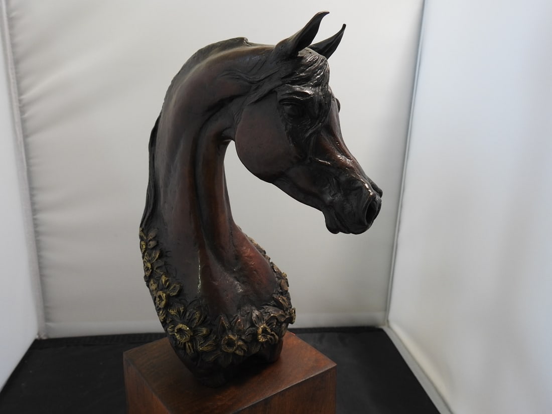 D. Moss 1984 Brass Horse Bust on Wood Base - 2