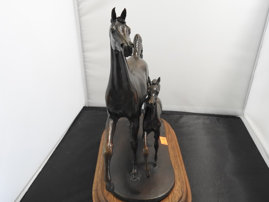Jill M. Kinney Bronze Mare and Foal Statue on Wood Base - 3