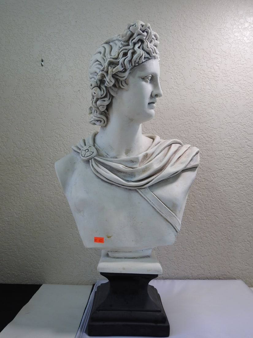 Maska Apollo Belvedere Faux Marble Bust Sculpture: Classical Apollo Belvedere bust sculpture by Maska, made in hollow chalkware / pressed material with faux white marble finish. Approx. 25 x 14 x 10 in.