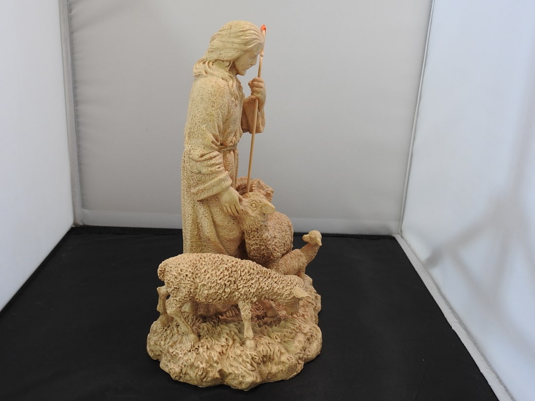 Jesus Shepherding Lambs Faux Marble Resin Statue - 3