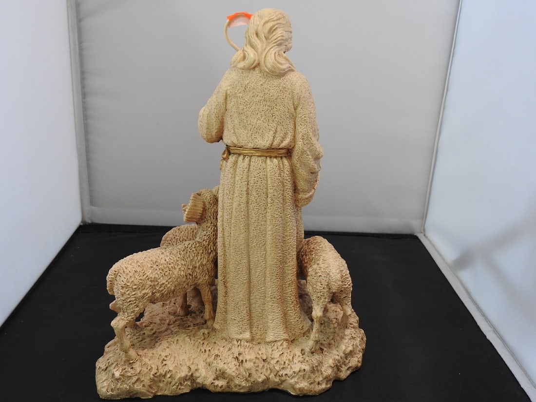 Jesus Shepherding Lambs Faux Marble Resin Statue - 4