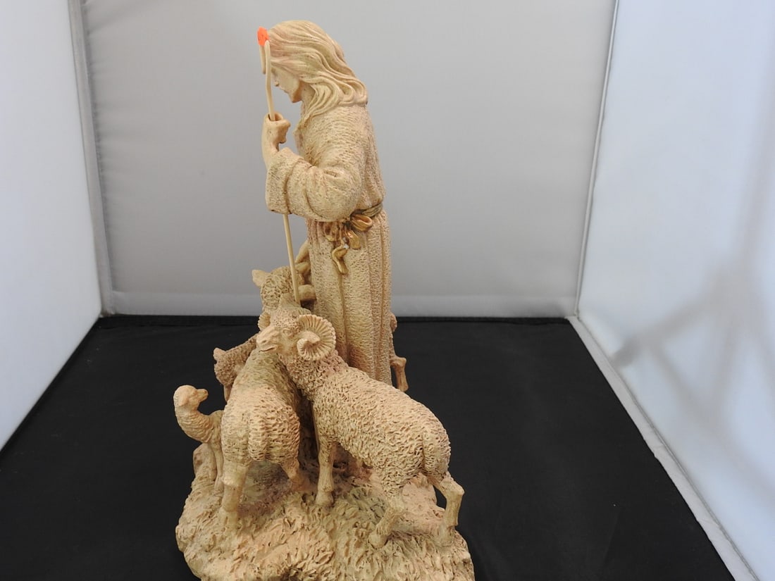 Jesus Shepherding Lambs Faux Marble Resin Statue - 5