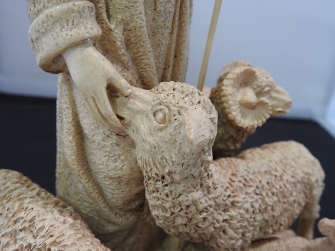 Jesus Shepherding Lambs Faux Marble Resin Statue - 7