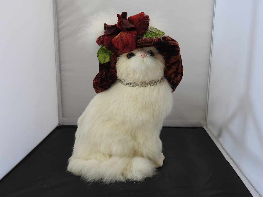 Victorian Style Cat Stuffed Animal with Rabbit Fur: Victorian style cat stuffed animal with papier-mache form, rabbit fur body, and velvet-style hat/collar accents. Approx. 11 x 7 x 6 in.