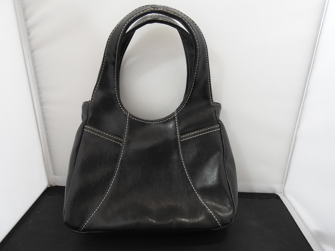 Nine West Black Purse with Wallet: Nine West black purse with matching wallet in faux leather, featuring structured handles and zip closure. Approx. 12 x 8.5 x 3 in.